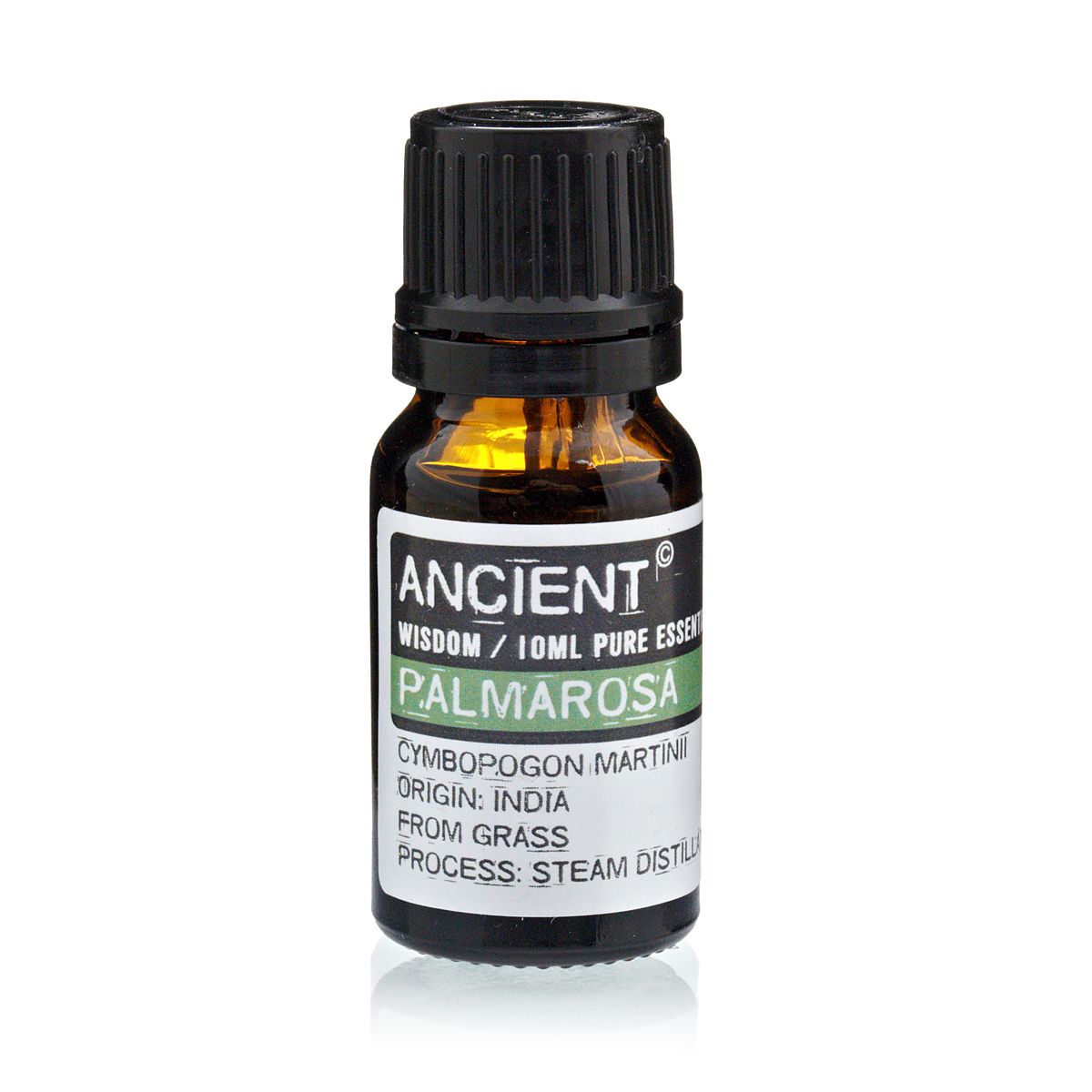 Aceite esencial de palmarosa, 10ml, color ámbar, botella de vidrio, destilado al vapor, origen: India.