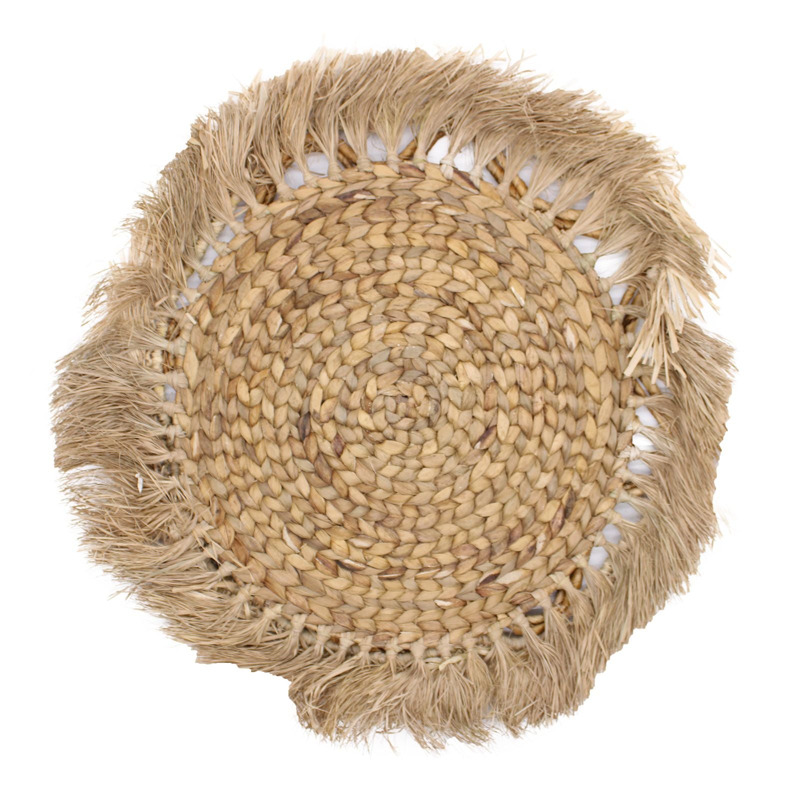 Alfombra de yute redonda color beige con flecos, estilo bohemio y natural, perfecta para decoración de interiores.