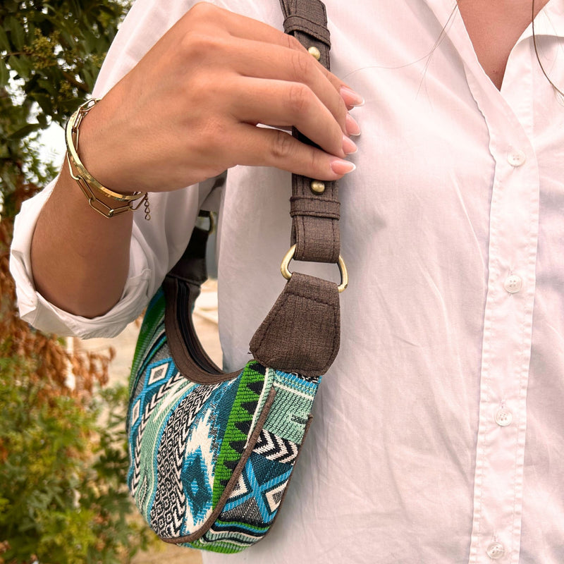 Bolso Hobo de Jacquard - Verdes Atrevidos (correa marrón)