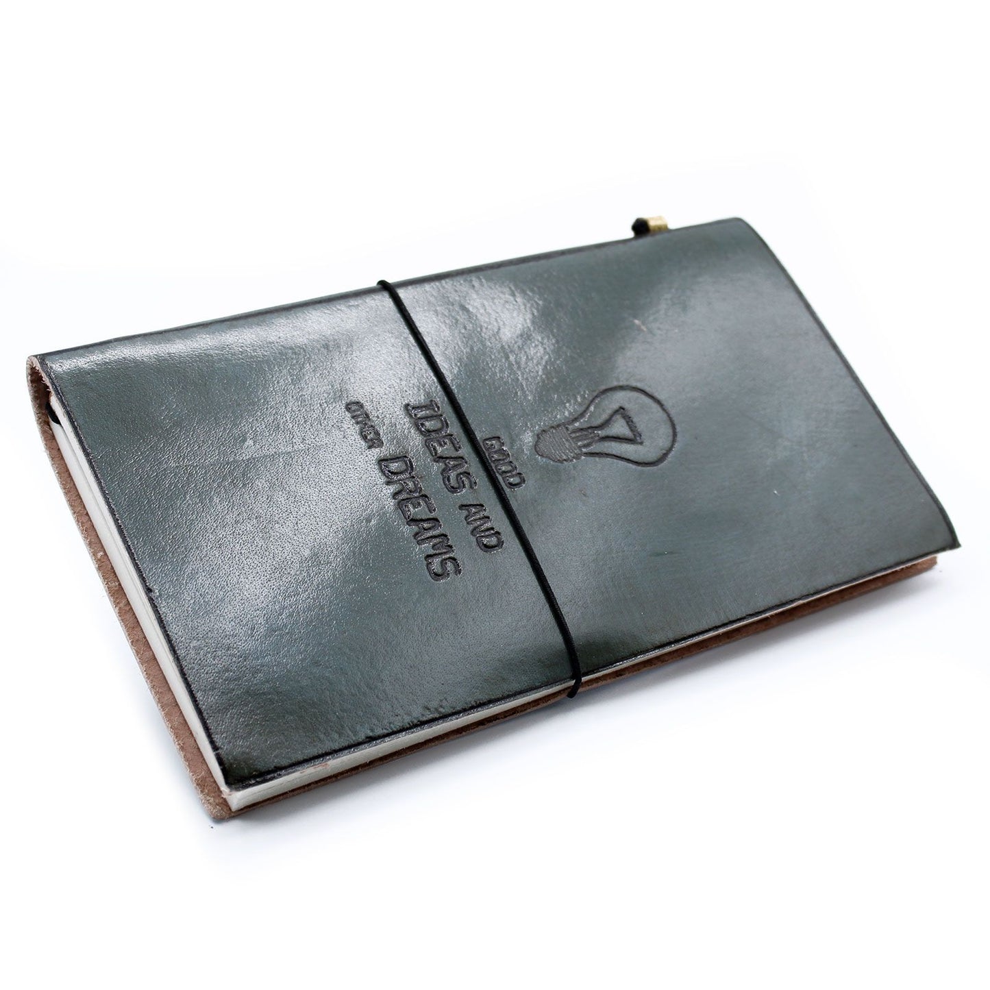 Cuaderno de cuero verde oscuro con grabado "ideas y sueños", diseño elegante y práctico, ideal para notas.