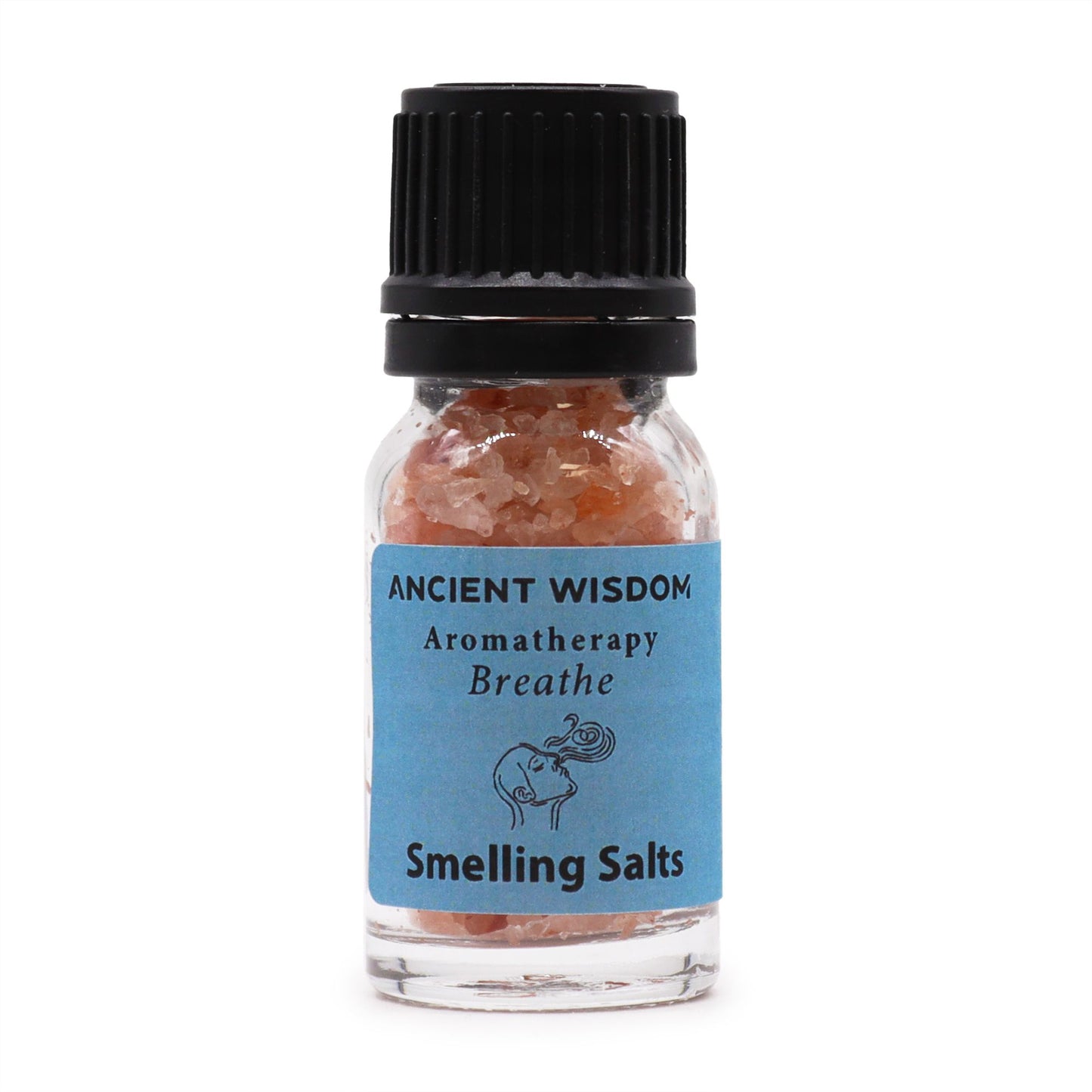 Frasco de vidrio con sales rosadas, tapón negro y etiqueta azul con la marca Ancient Wisdom y el nombre "Breathe".