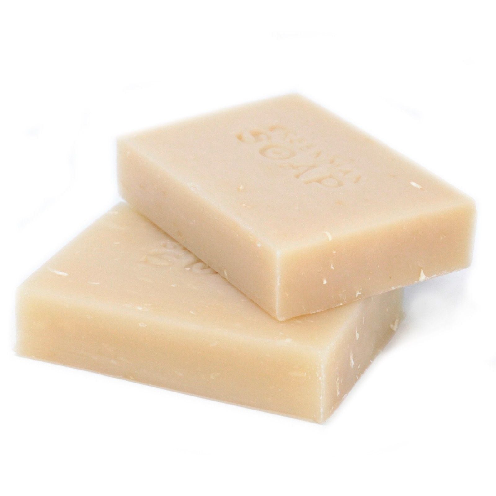 Dos pastillas de jabón beige claro de Ancient Wisdom, apiladas, con textura suave y sello de marca grabado.