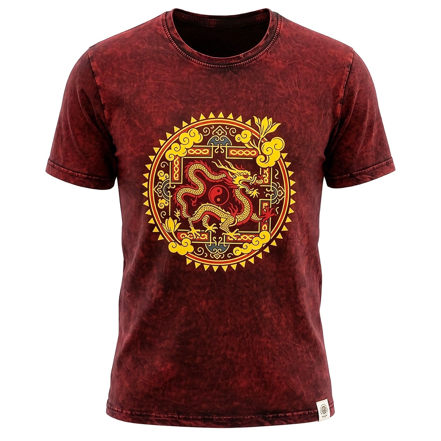 Nomad Sari Camiseta de algodón lavado a piedra - Mandala de Dragón - Granate - XL
