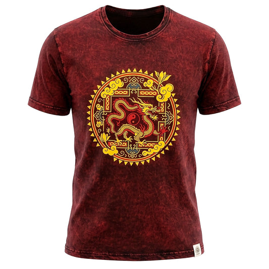 Nomad Sari Camiseta de algodón lavado a piedra - Mandala de Dragón - Granate - XL