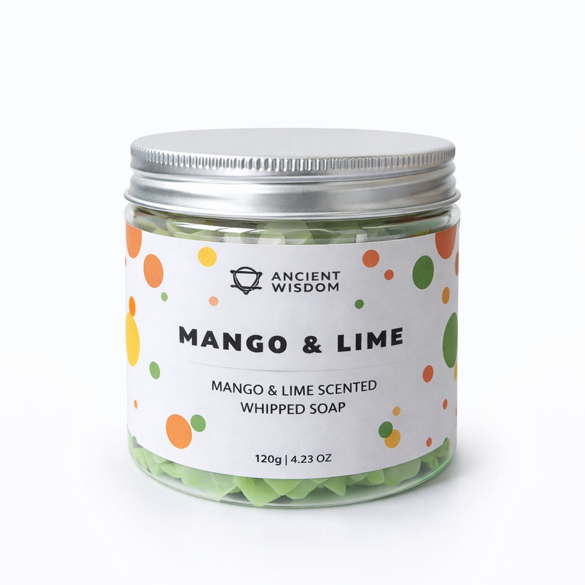 Jabón batido de mango y lima en frasco transparente, color verde y detalles en naranja, 120g.