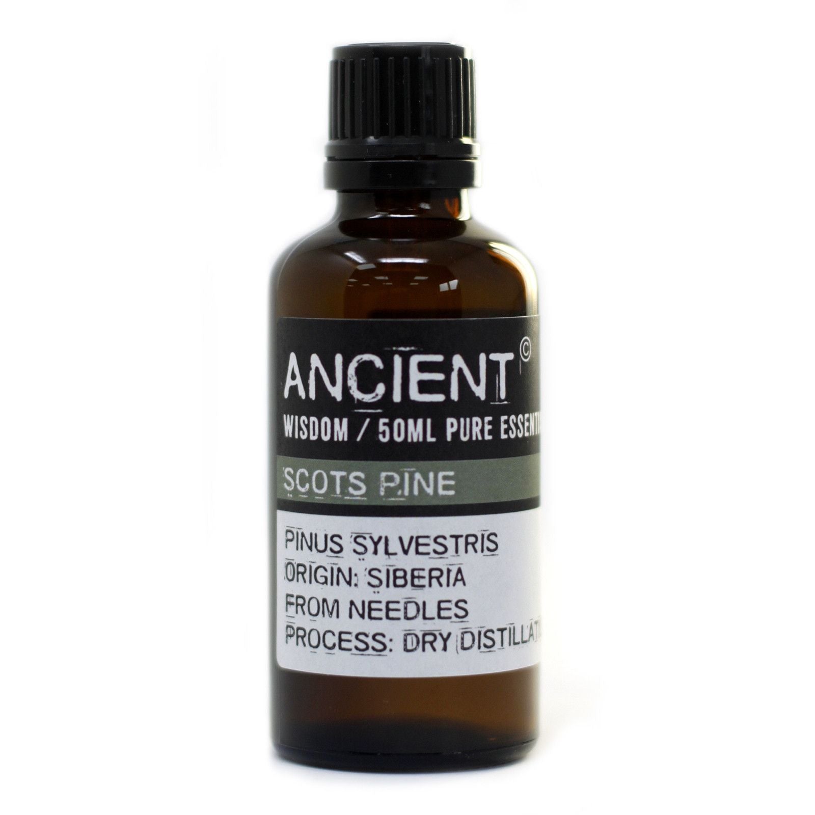 Aceite esencial de pino escocés 50 ml, color ámbar, proveniente de agujas, destilación en seco, packaging elegante.