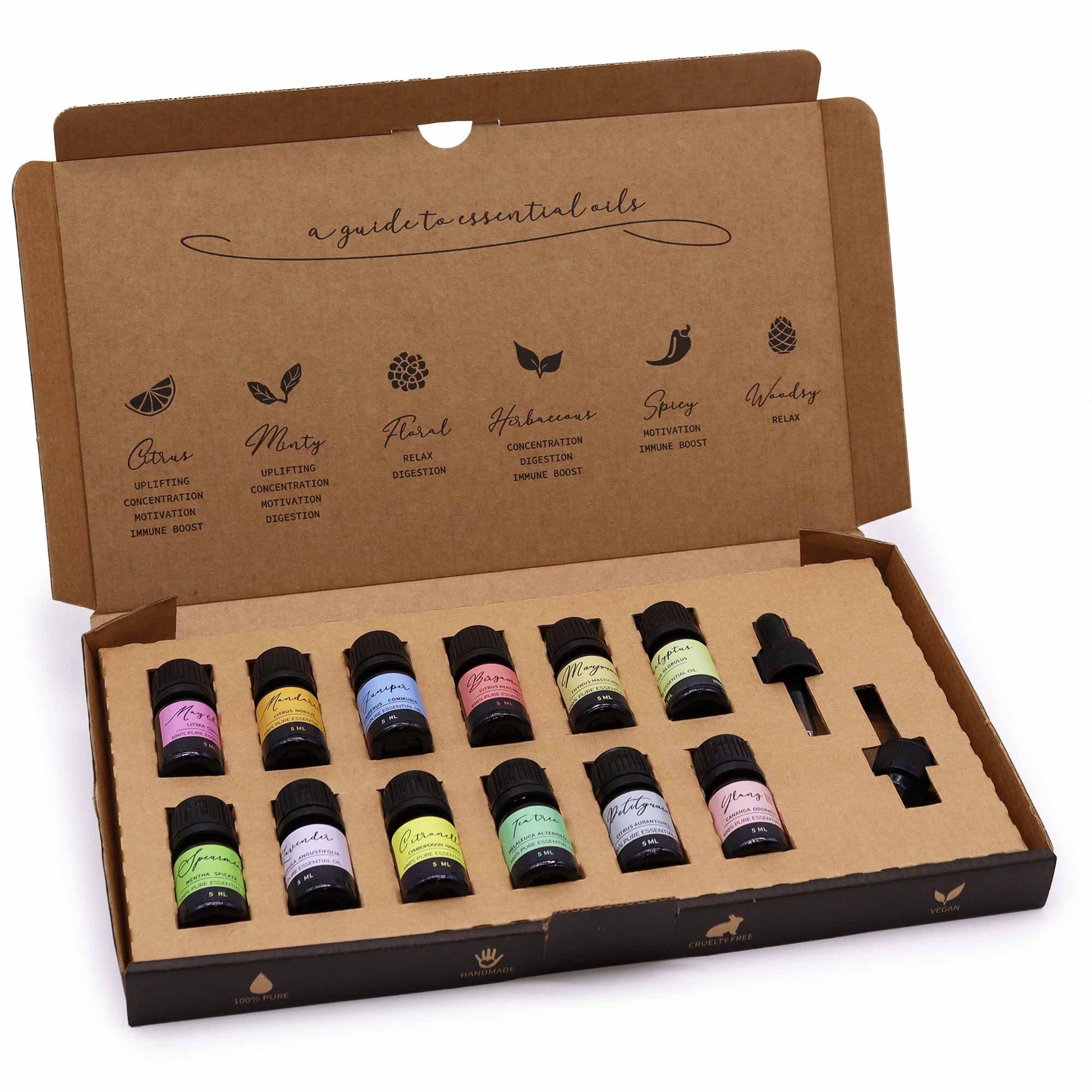 Juego de 12 aceites esenciales en botella negra, presentación en caja kraft, colores variados para relajación y bienestar.