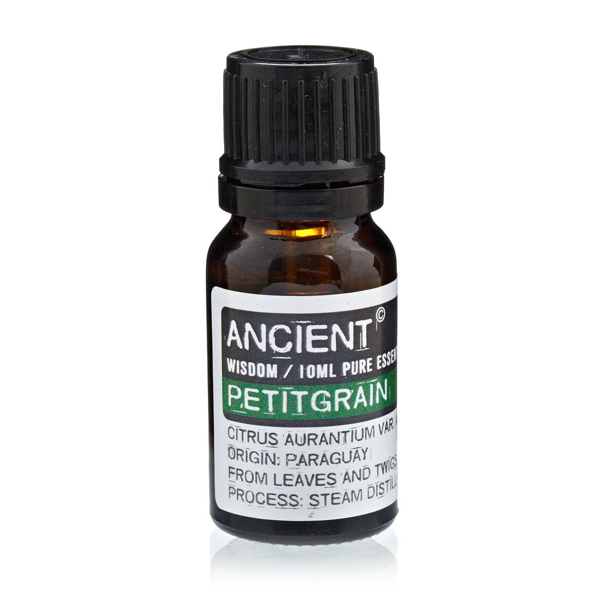Aceite esencial de petitgrain 10 ml, color ámbar, hecho de hojas y ramas, proceso de destilación al vapor.