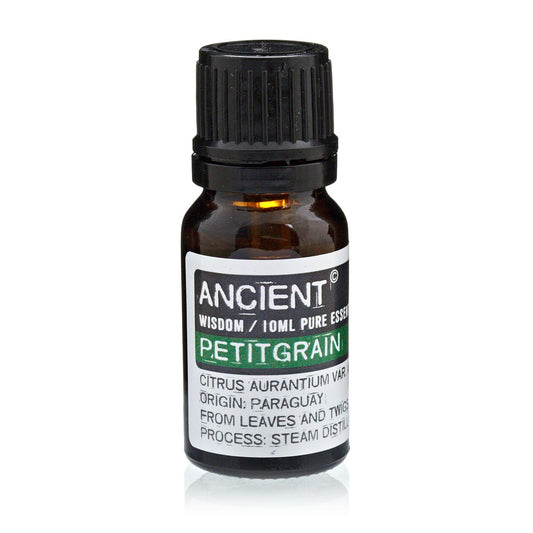 Aceite esencial de petitgrain 10 ml, color ámbar, hecho de hojas y ramas, proceso de destilación al vapor.