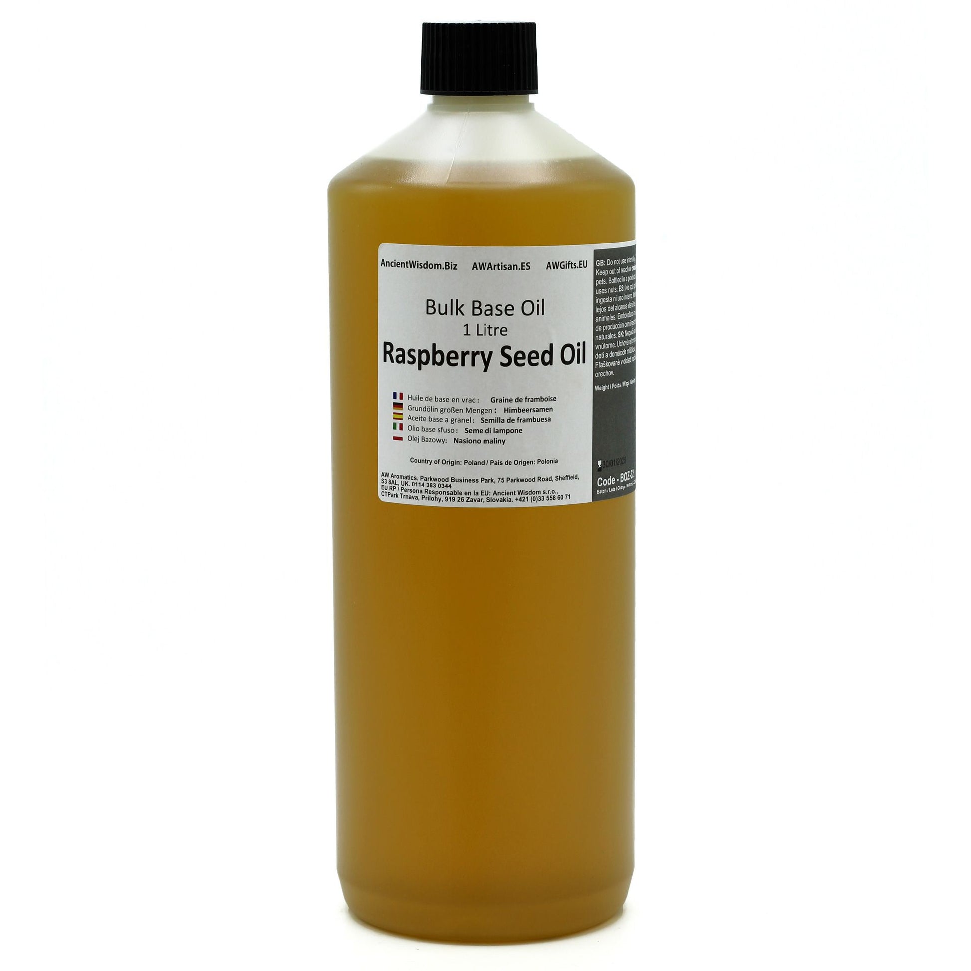 Aceite de semilla de frambuesa en botella de 1 litro, color ámbar, envase plástico, ideal para cosméticos.