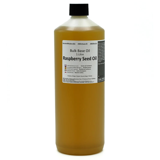 Aceite de semilla de frambuesa en botella de 1 litro, color ámbar, envase plástico, ideal para cosméticos.