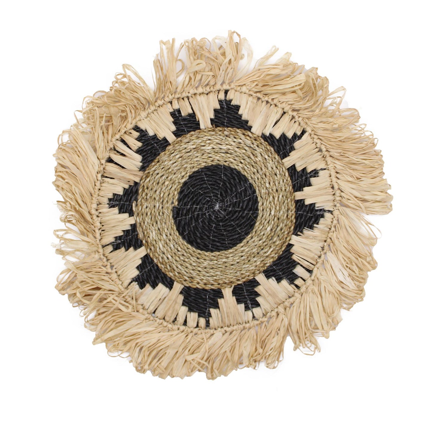 Alfombra redonda de yute natural y negro con flecos, estilo bohemio y artesanal, ideal para decoraciones modernas.