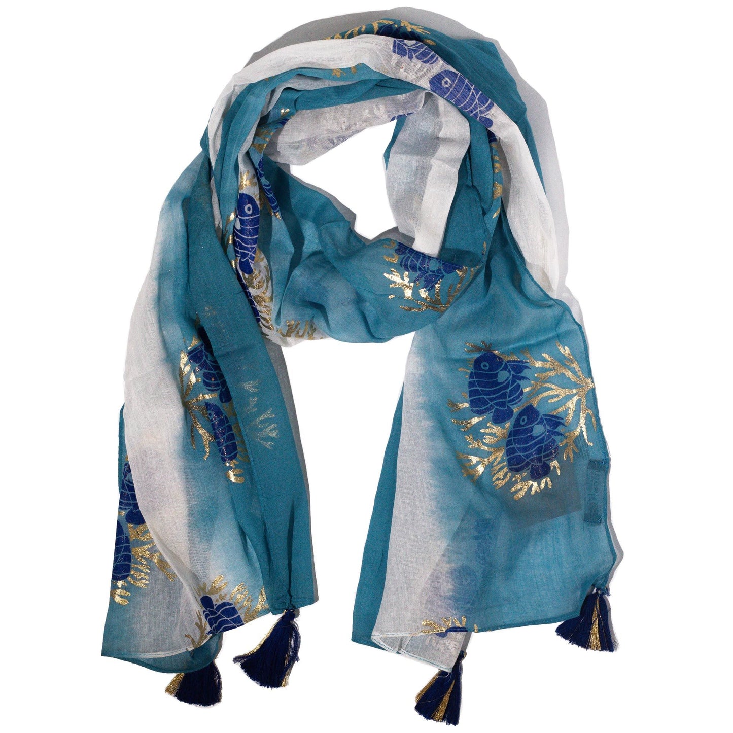 Bufanda de gasa azul marino con diseño de peces dorados y flecos, elegante y ligera.