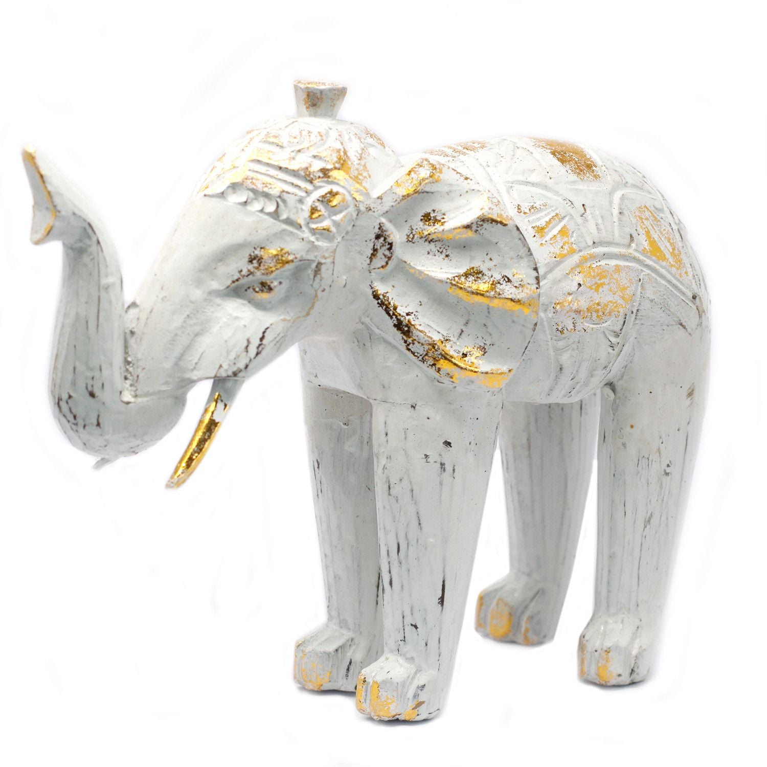 Elefante decorativo de madera blanca con detalles dorados, estilo bohemio. Ideal para decoración del hogar.