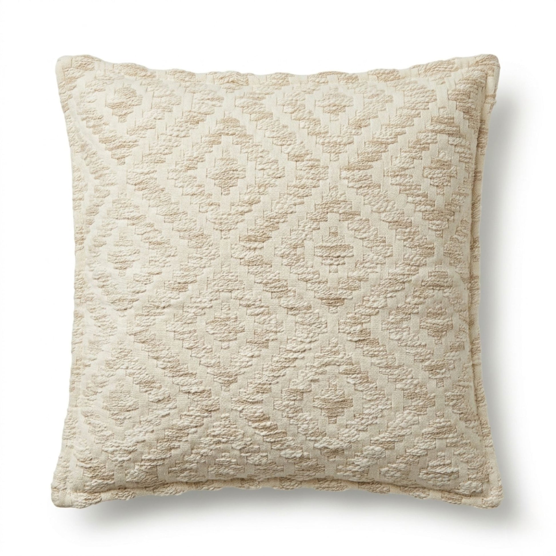 Cojín decorativo beige con diseño de diamantes en relieve, estilo elegante y moderno. Ideal para cualquier ambiente.