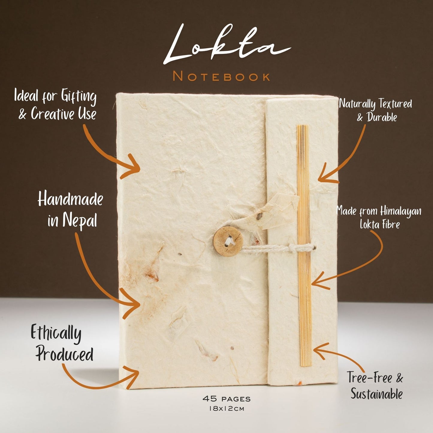 Cuaderno Lokta hecho a mano en Nepal, 45 páginas, color crema, textura natural, sostenible y libre de árboles.