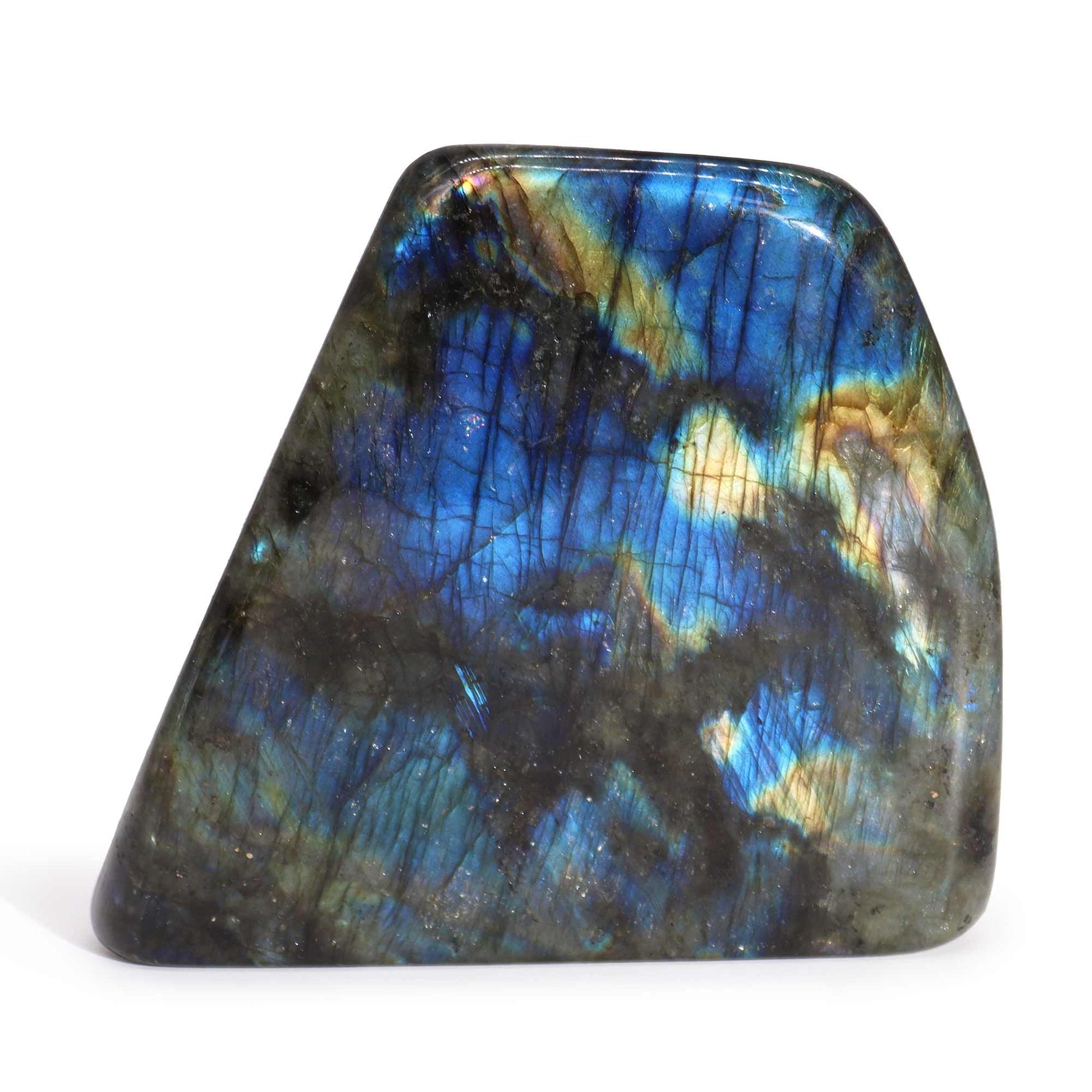 Piedra labradorita azul y negra, pulida, en forma irregular, ideal para joyería o decoración.