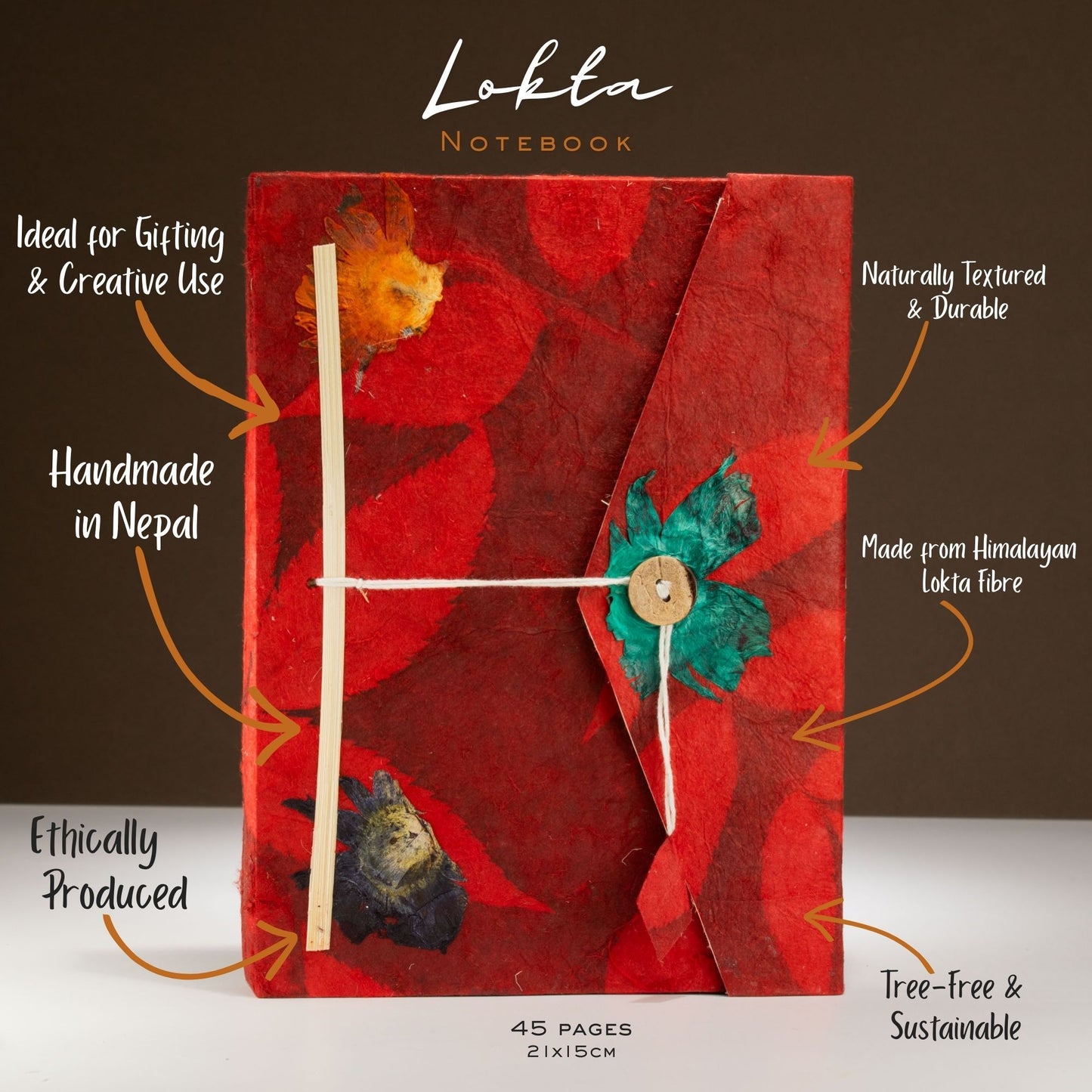 Cuaderno Lokta rojo, hecho a mano en Nepal, con flores secas, 45 páginas, ecológico y duradero.