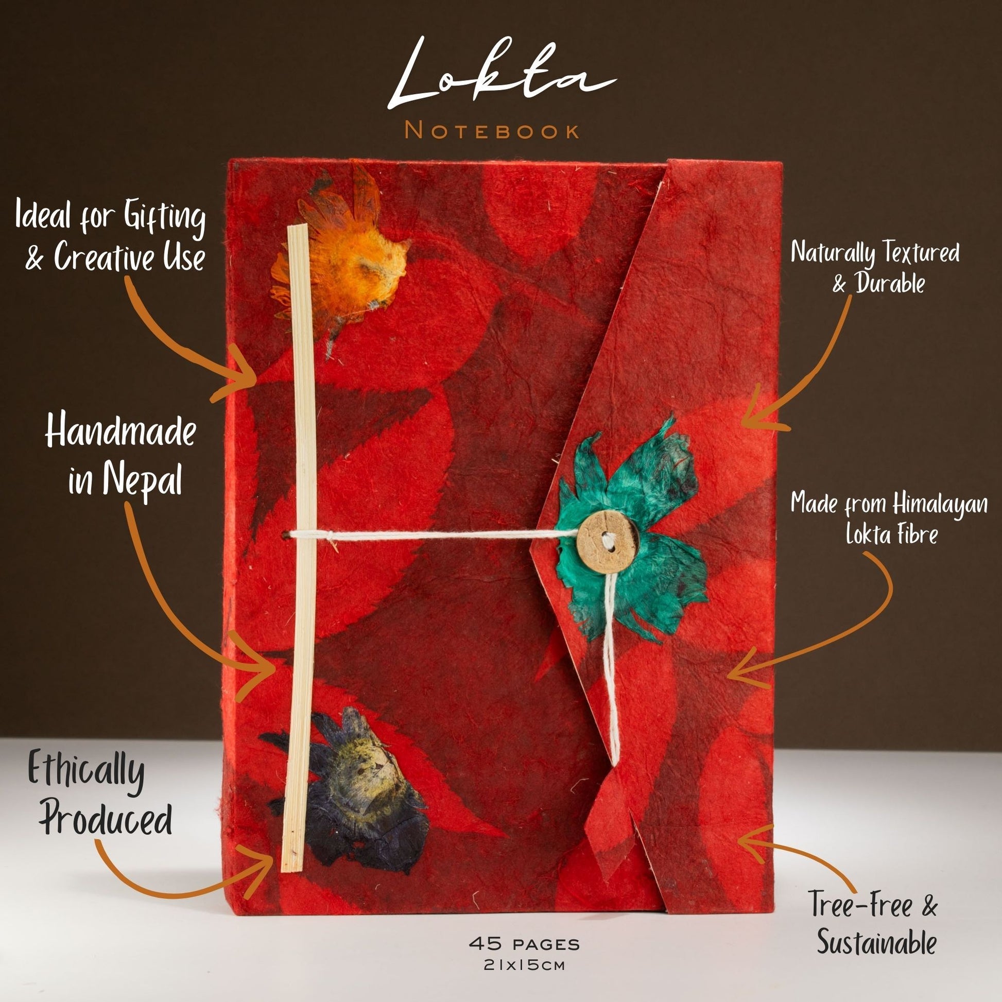 Cuaderno Lokta rojo, hecho a mano en Nepal, con flores secas, 45 páginas, ecológico y duradero.