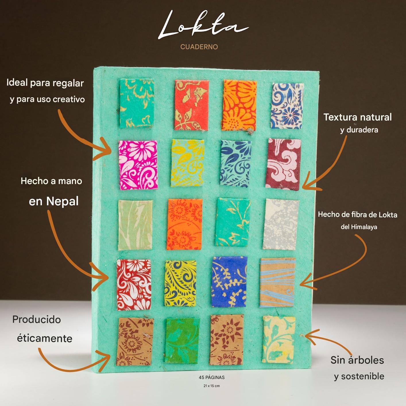 Cuaderno Lokta hecho a mano en Nepal, color aqua, 45 páginas, texturas naturales y patrones vibrantes.