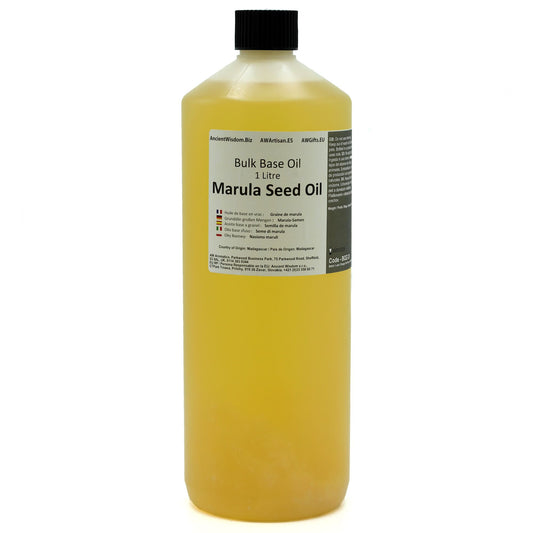 Aceite de marula en botella de plástico amarilla de 1 litro, ideal para cosméticos y masajes.
