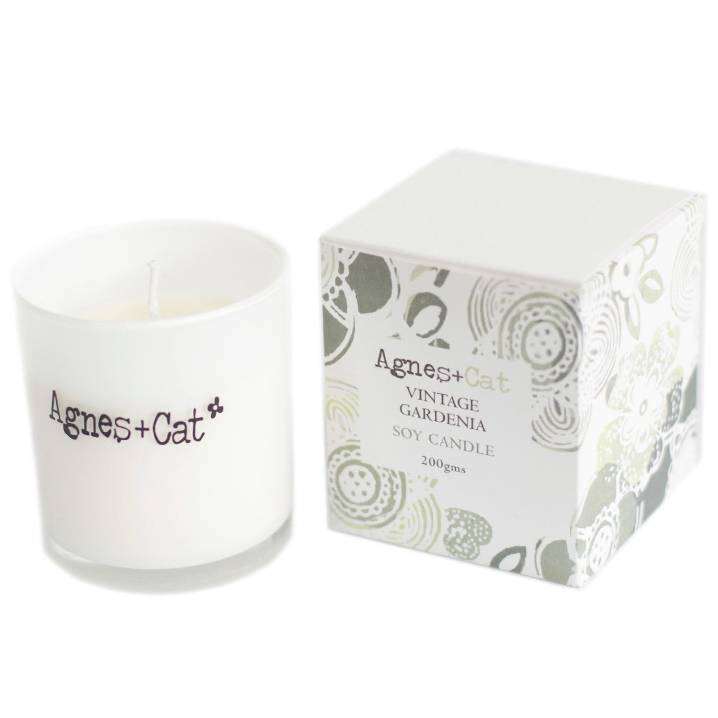 Vela de soya blanca "Vintage Gardenia" en envase elegante, 200 g, de Agnes + Cat. Ideal para decoración y aromaterapia.