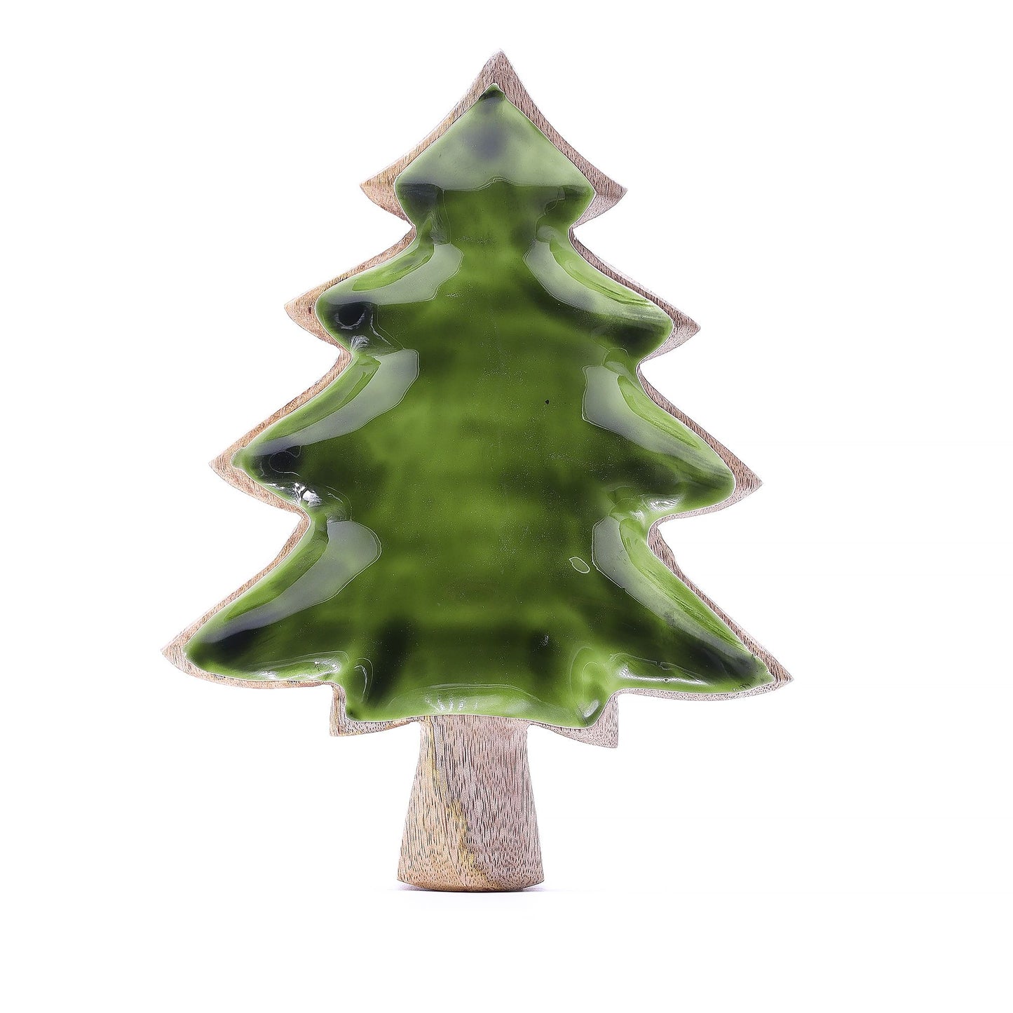 Árbol de Navidad decorativo verde brillante de cerámica, con base de madera, estilo moderno y elegante.