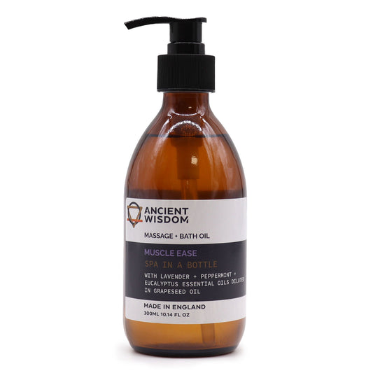 Botella de vidrio ámbar de 300 ml con dispensador negro, conteniendo aceite de masaje con etiqueta informativa blanca.