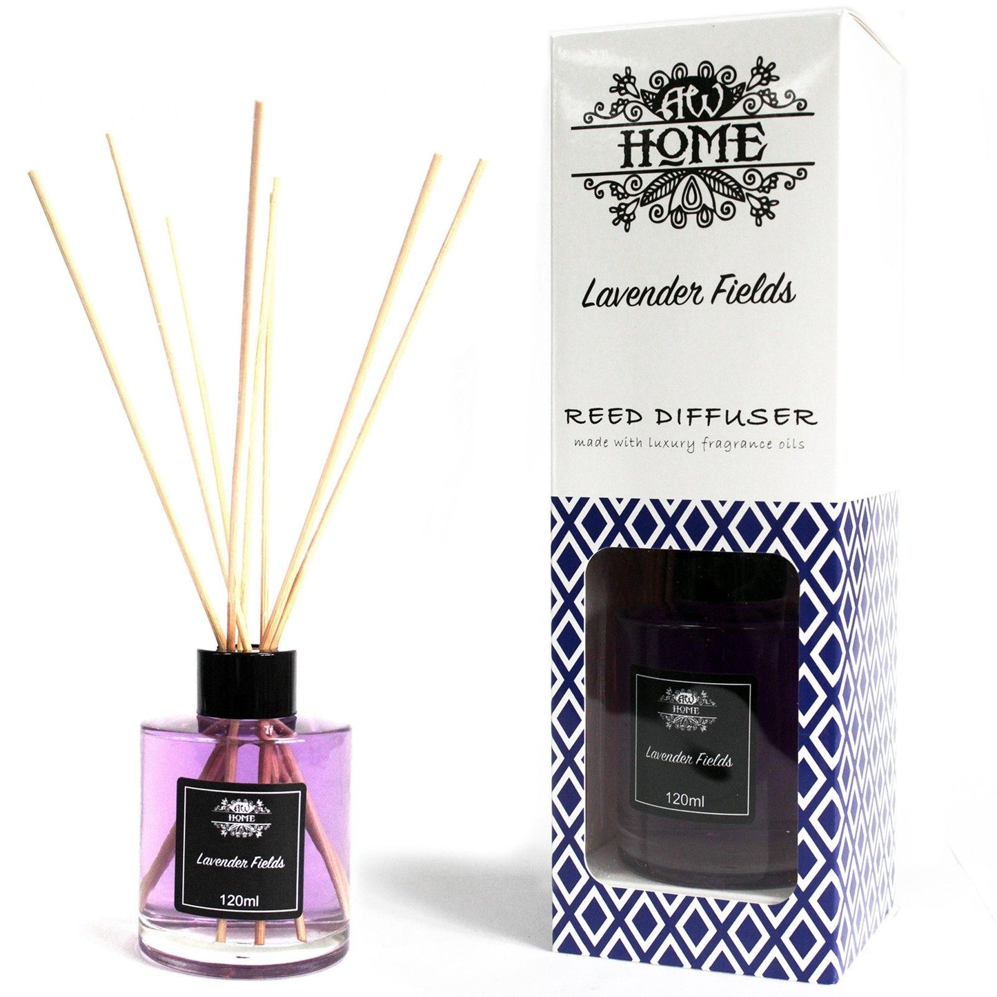 Difusor de varillas de lavanda, frasco morado de 120ml, aroma fresco, presentación elegante en caja decorativa azul.