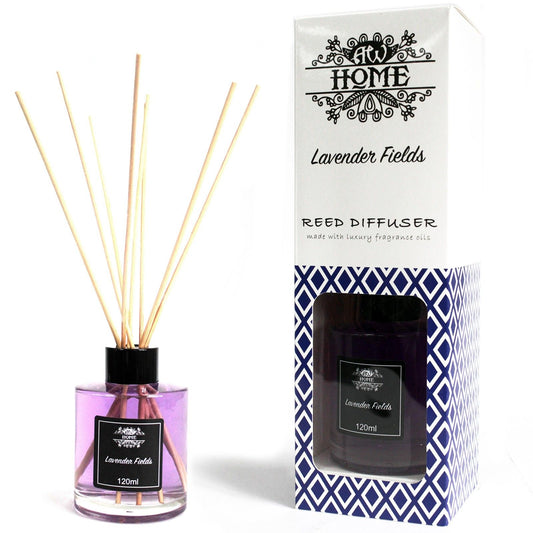 Difusor de varillas de lavanda, frasco morado de 120ml, aroma fresco, presentación elegante en caja decorativa azul.