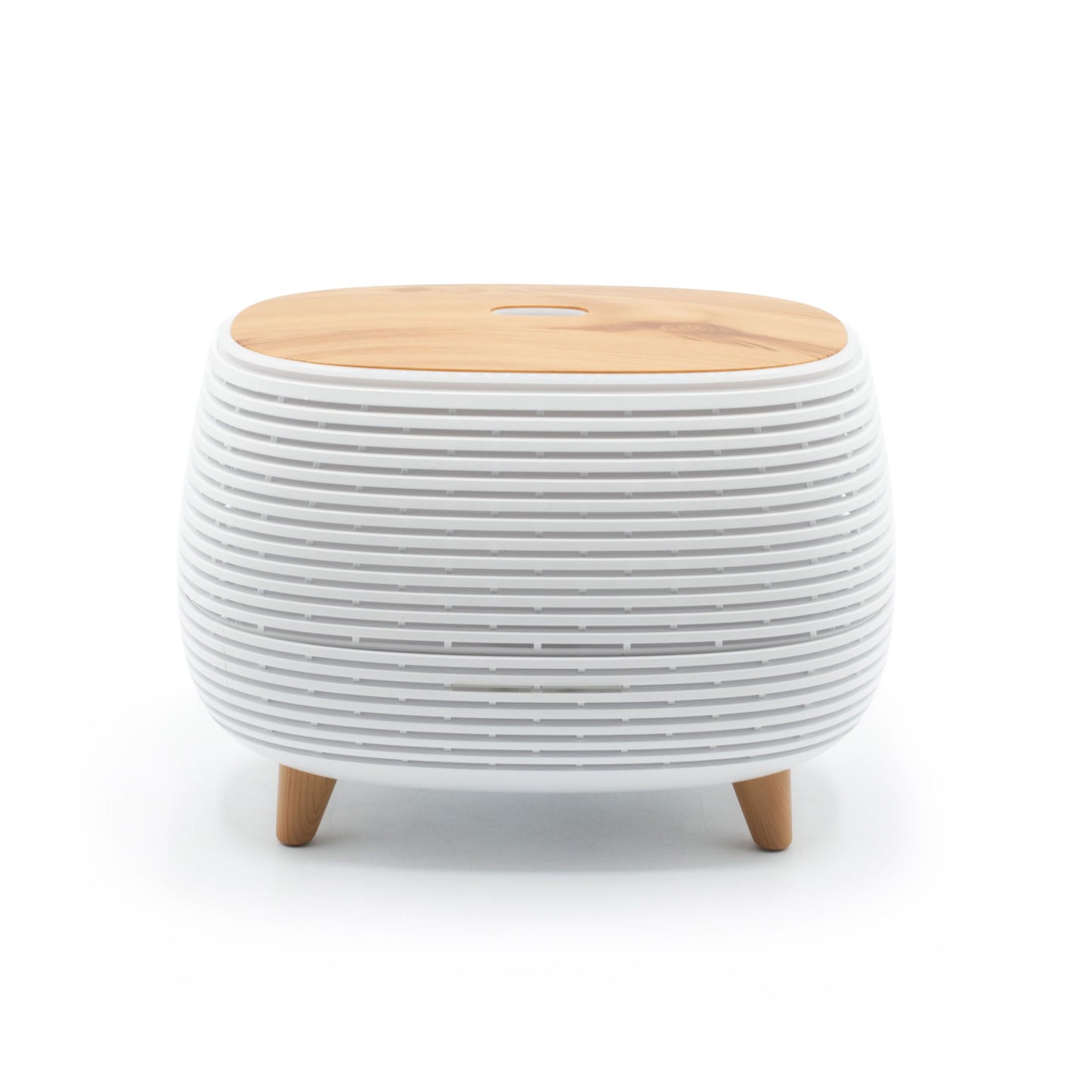 Mesa auxiliar blanca con tapa de madera clara y patas de madera, diseño moderno y minimalista.
