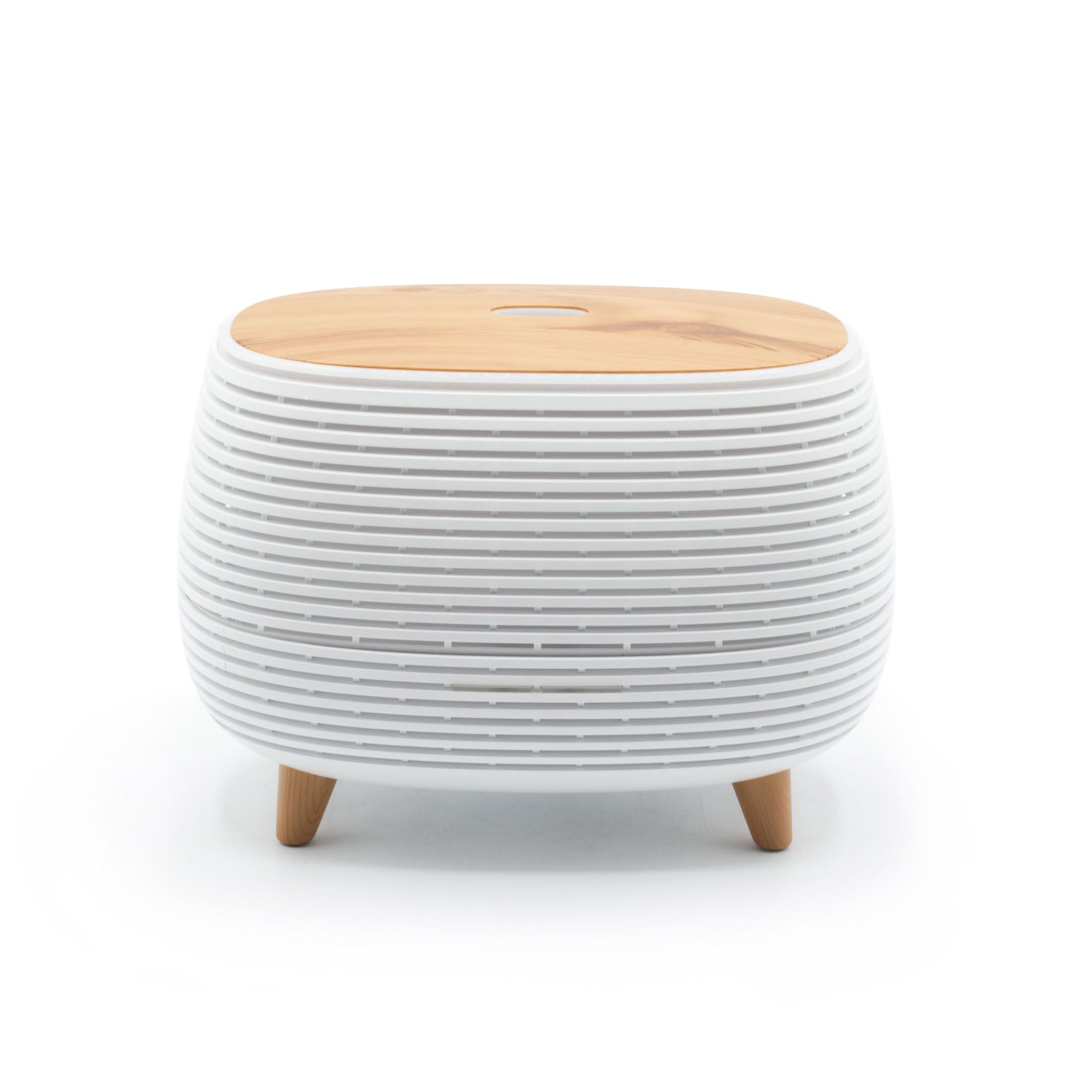 Mesa auxiliar blanca con tapa de madera clara y patas de madera, diseño moderno y minimalista.