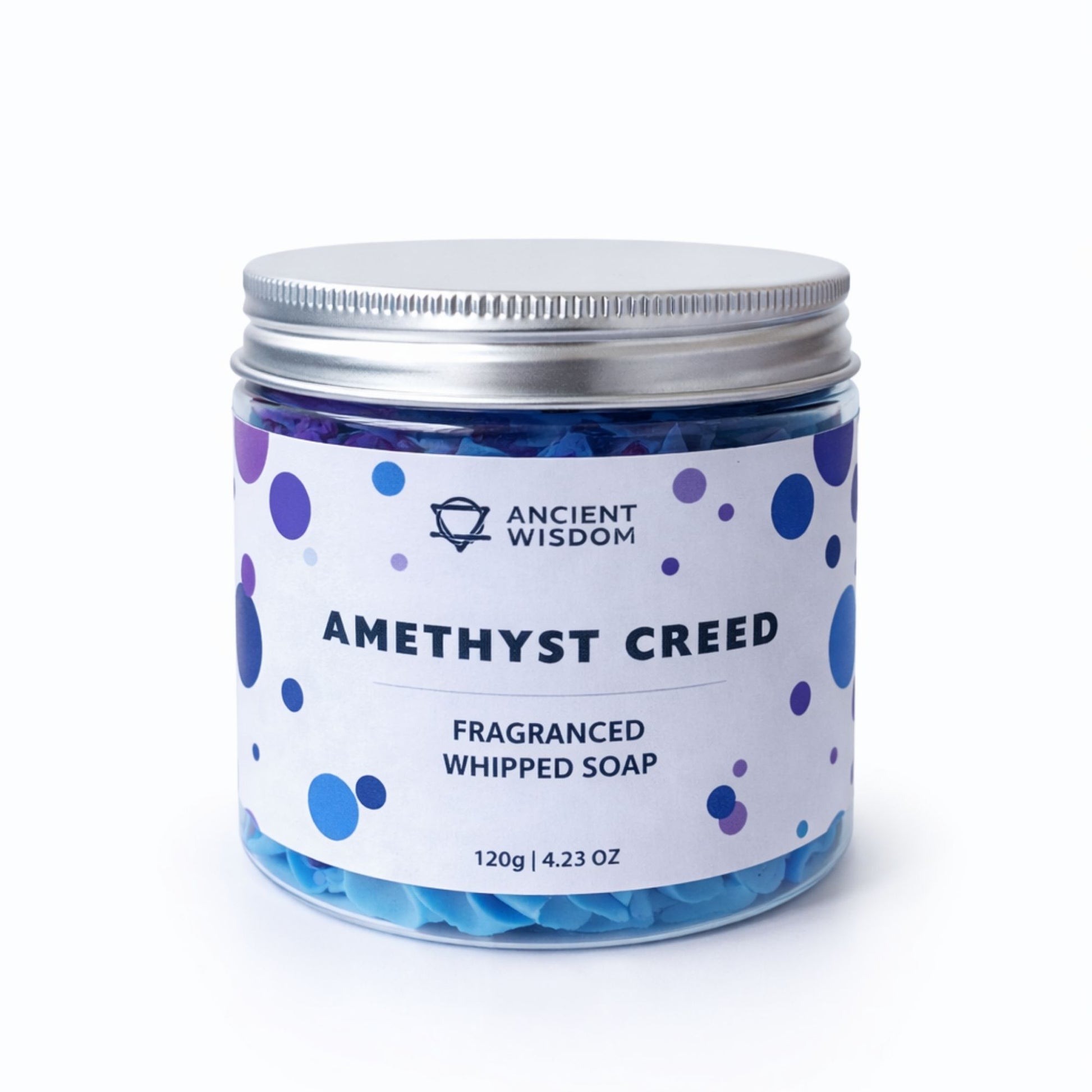 Jabón batido fragante Amethyst Creed en envase azul y morado, 120g, con diseño moderno y elegante.