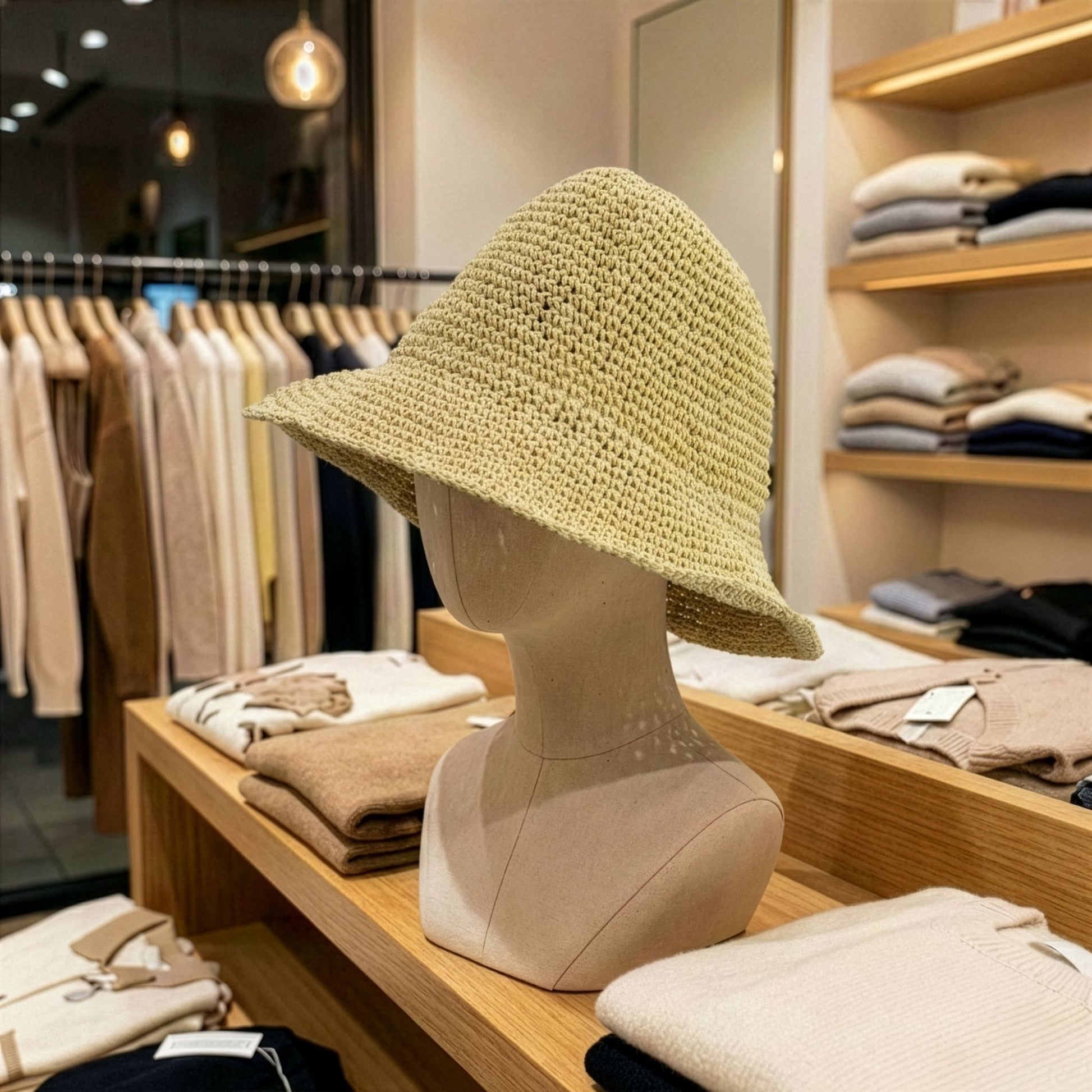 Sombrero de paja tejido en color verde claro, estilo veraniego, exhibido en una tienda de moda.