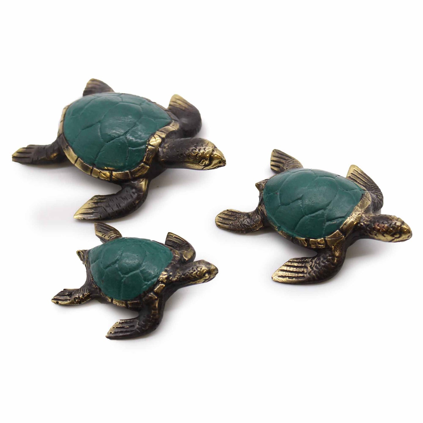 Tortugas decorativas en resina verde y bronce, juego de 3 tamaños, estilo náutico artesanal.