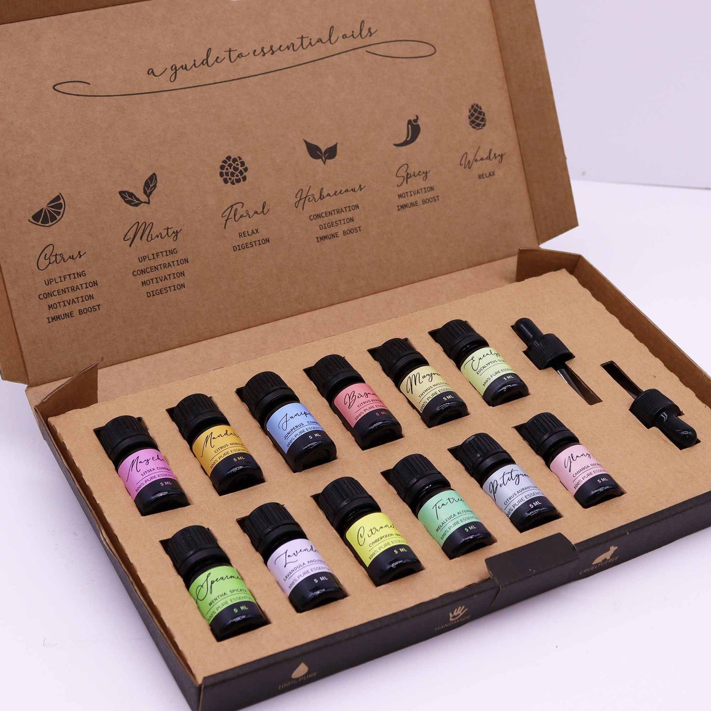 Set de 12 aceites esenciales en envases negros, caja marrón, incluye aromas cítricos, florales y herbales.