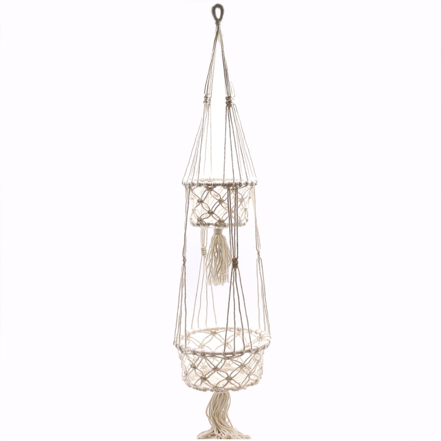 Macramé colgante en color crema, tejido en cuerda natural, moderno y bohemio para plantas decorativas.