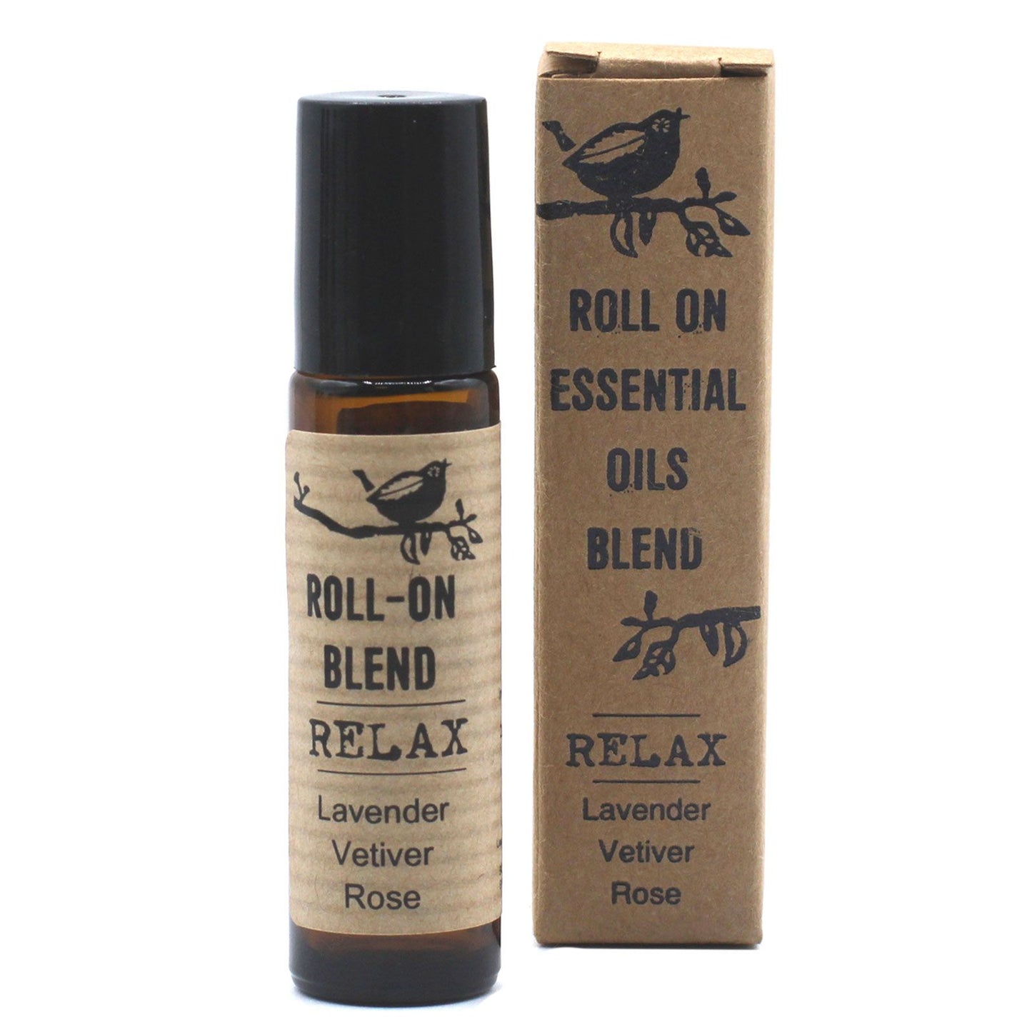 Aceite esencial roll-on con envase ámbar y caja de cartón artesanal estilo rústico, con estampado de pájaro.