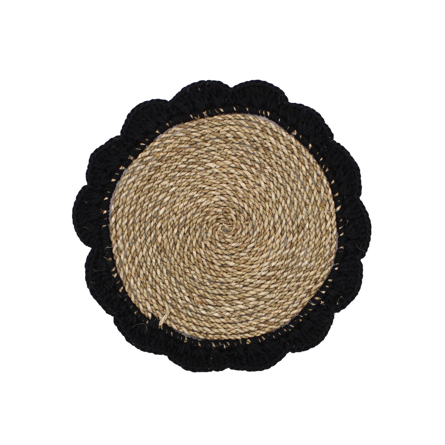 Alfombrilla redonda de yute natural con borde negro, estilo rústico y moderno, ideal para decoración de interiores.