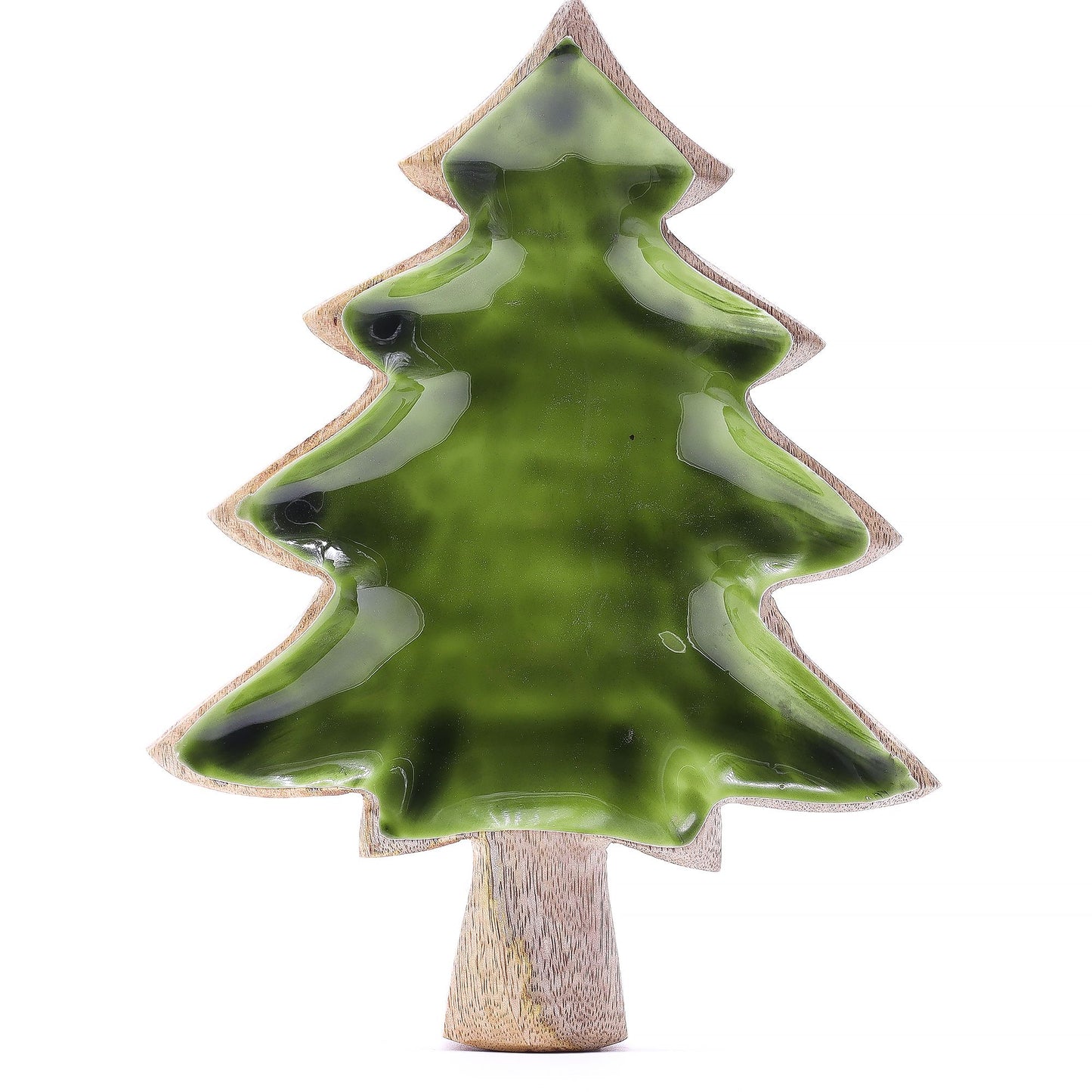 Árbol de Navidad decorativo verde brillante, cerámica brillante y base de madera, estilo moderno y elegante.