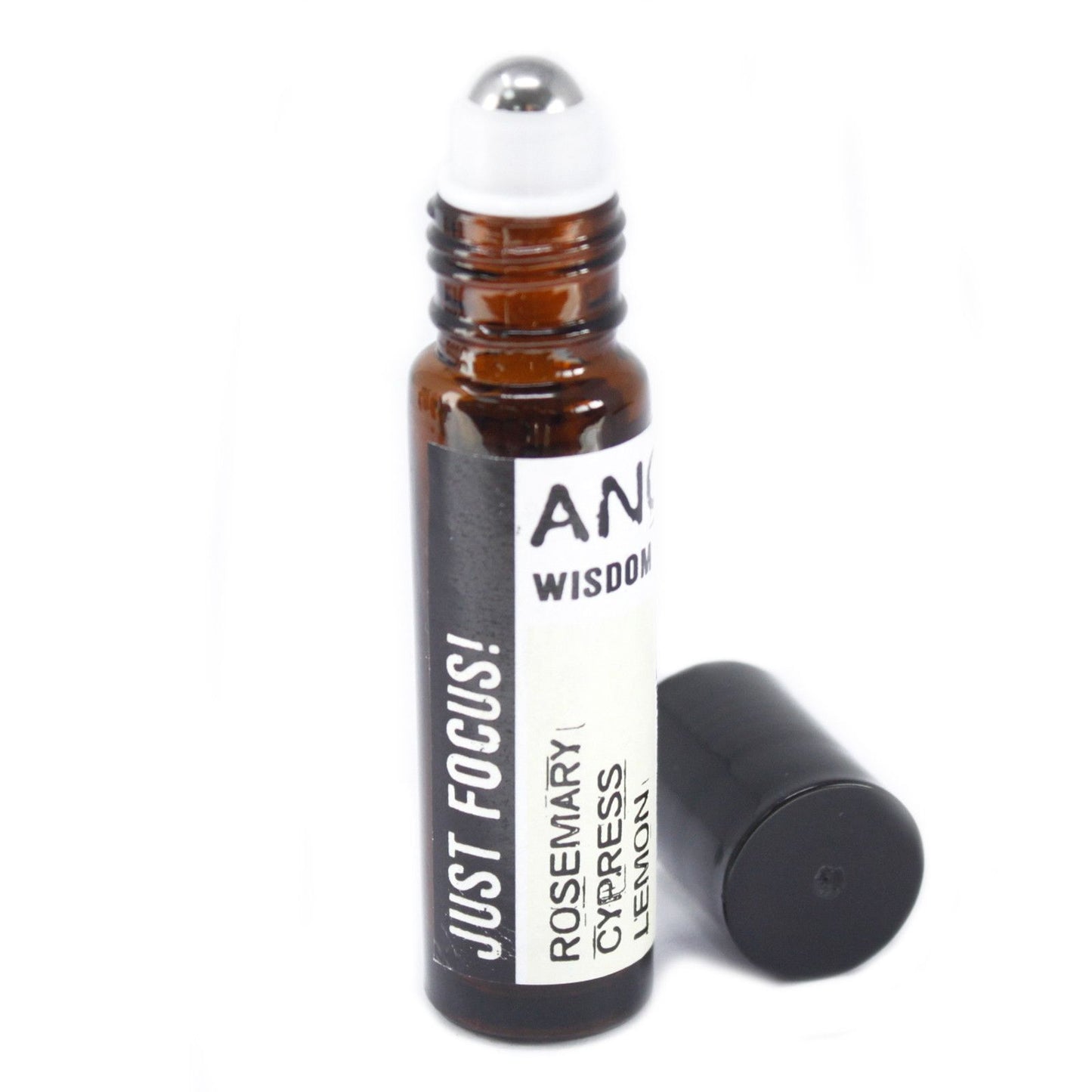 Aceite esencial de romero, ciprés y limón en frasco ámbar con rodillo. Perfecto para concentración y bienestar.