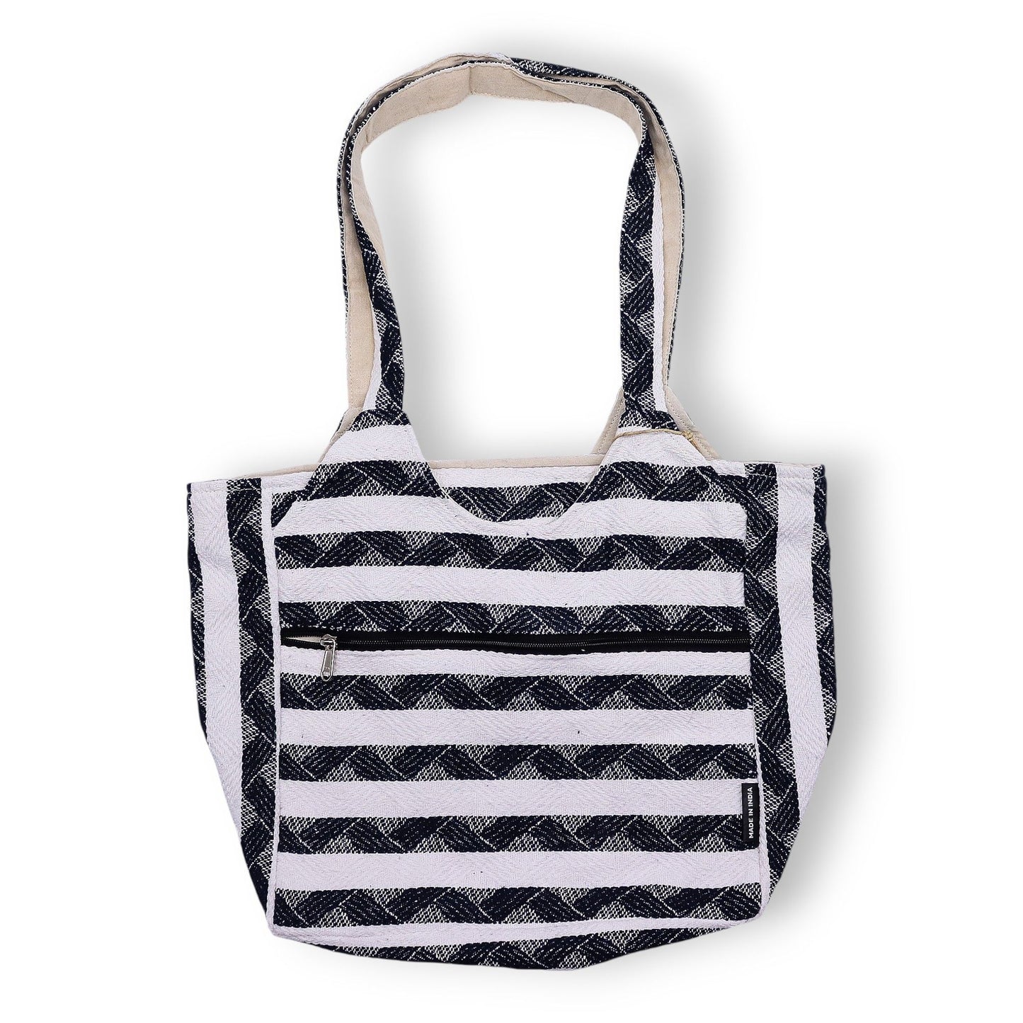 Bolso de mano de rayas negro y blanco, hecho de algodón resistente, estilo casual. Perfecto para uso diario.