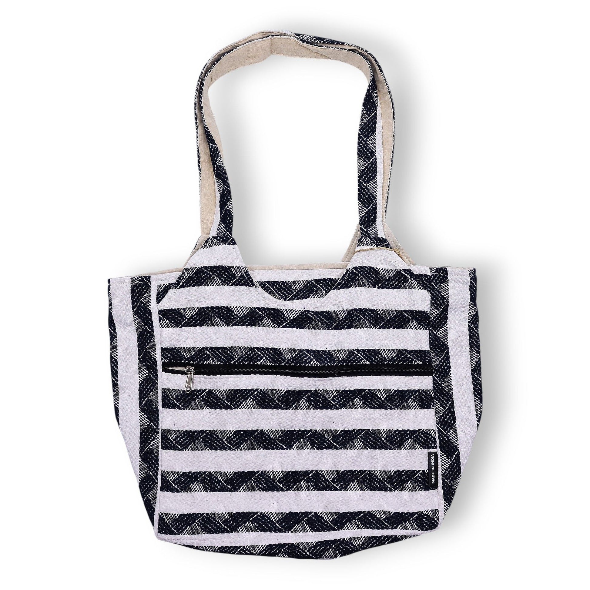 Bolso de mano de rayas negro y blanco, hecho de algodón resistente, estilo casual. Perfecto para uso diario.
