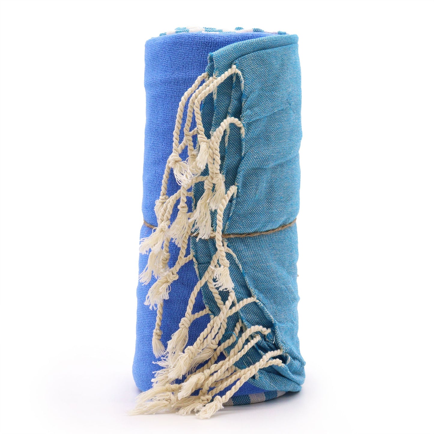 Toalla de playa azul turquesa de algodón con flecos blancos, estilo bohemio, ideal para verano.