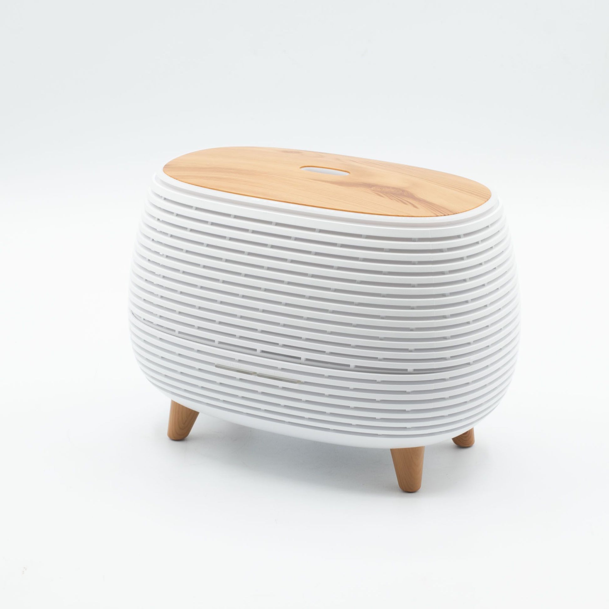 Contenedor blanco de plástico con tapa de madera, estilo moderno y patas de madera, ideal para almacenamiento.