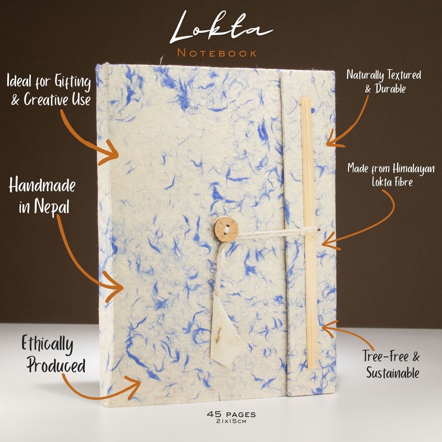 Cuaderno Lokta hecho a mano en Nepal, fibras de lokta, azul y beige, 45 páginas, ecológico y duradero.