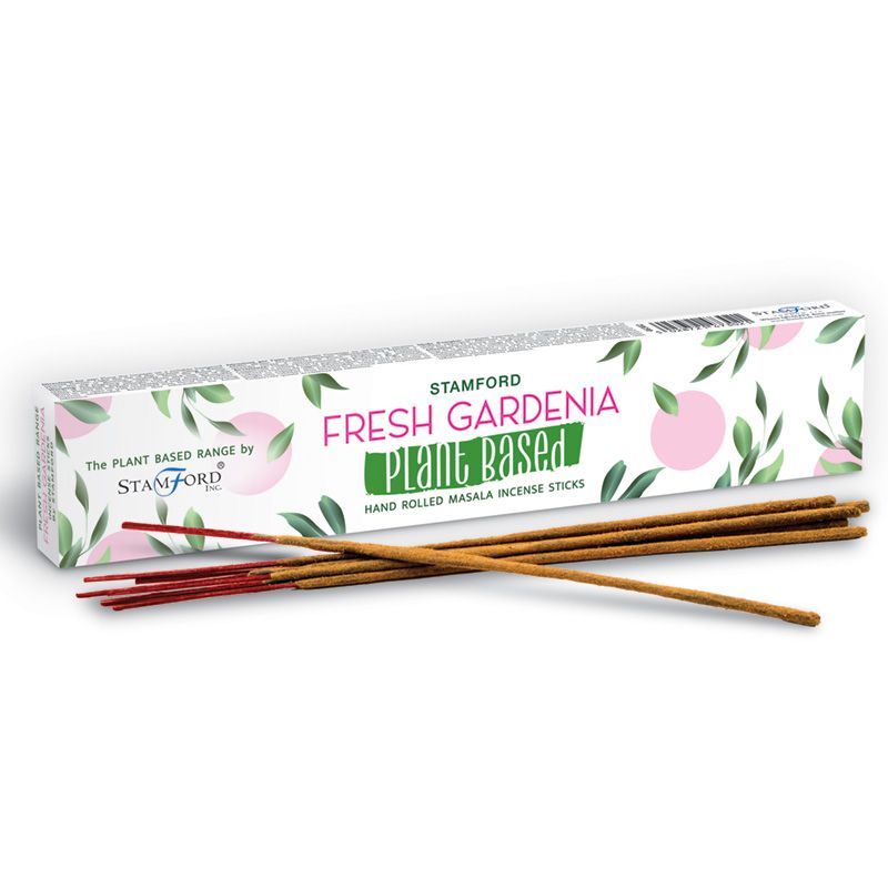 Varita de incienso Fresh Gardenia,  entera de madera, color marrón, en caja blanca con detalles verdes y rosas.