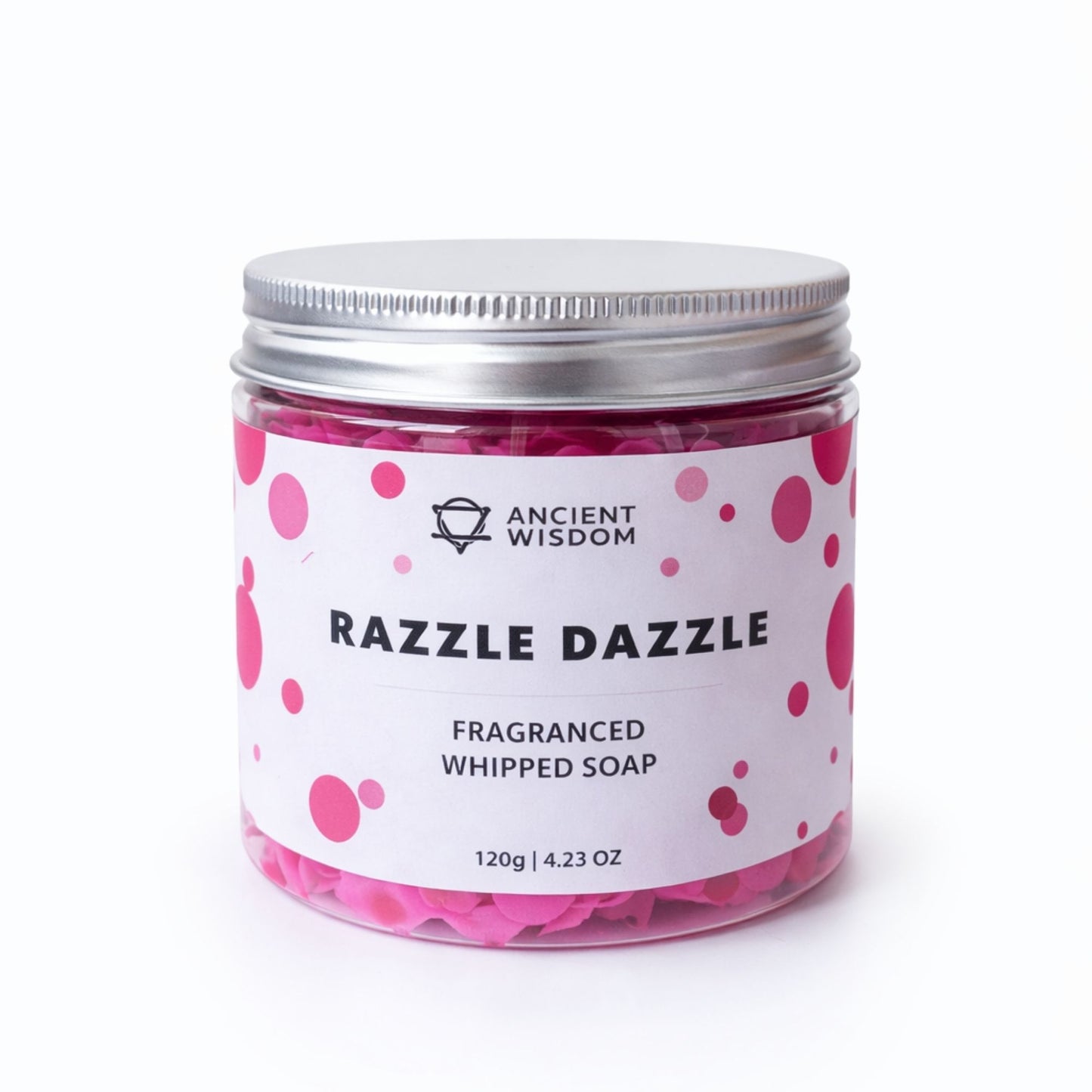 Jabón batido aromático Razzle Dazzle, color rosa brillante, 120g, envase con tapa metálica.