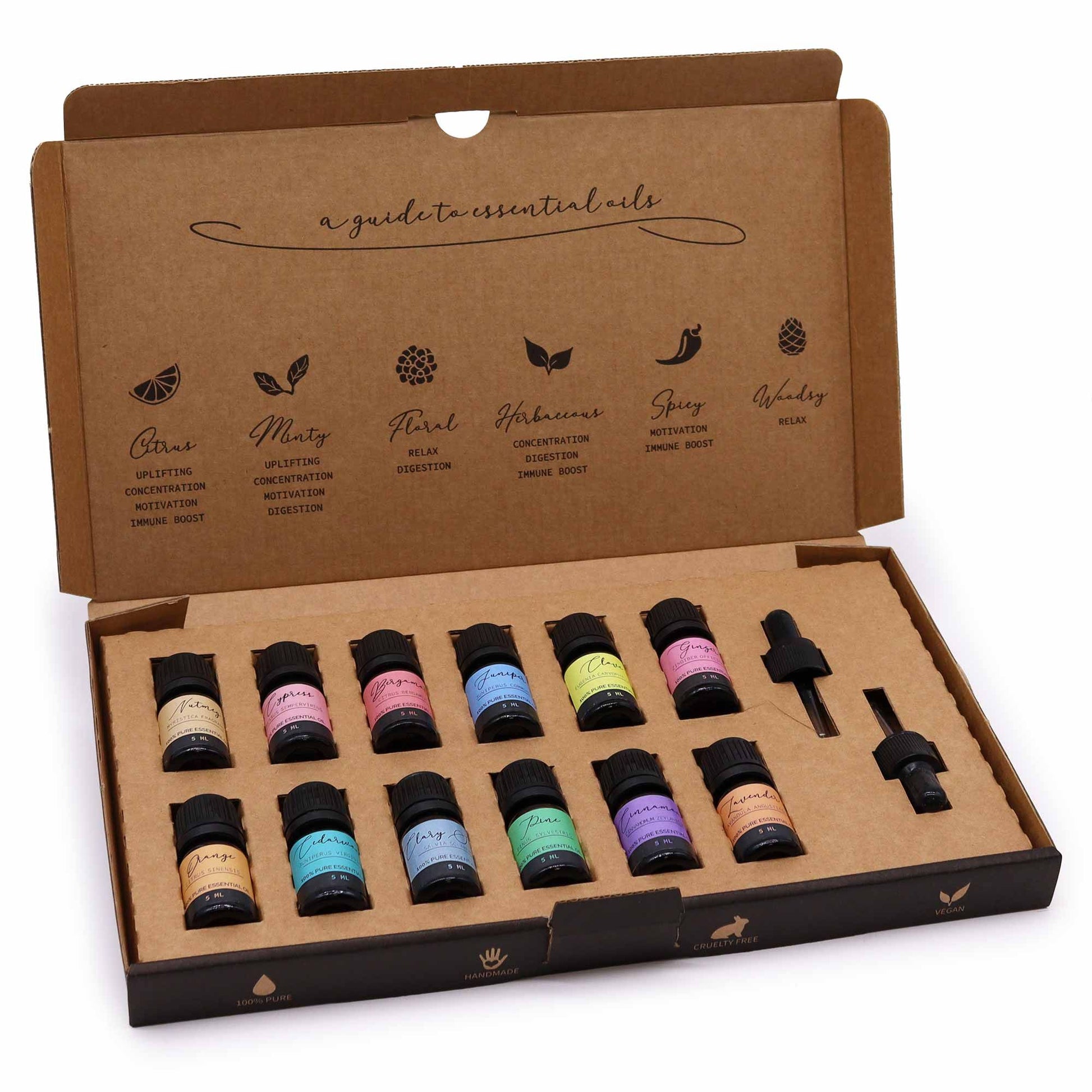 Juego de 12 aceites esenciales en frascos de vidrio con etiquetas coloridas, presentado en caja de cartón reciclable.