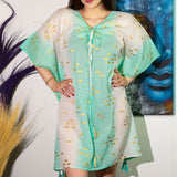 Colección Nómada Sari Mediterráneo - Kaftan - Diseño de Peces en Blanco, Turquesa y Oro